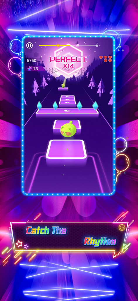 Music Hop EDM Rush - A green cat character jumping on neon purple tiles in Music Hop EDM Rush gameplay.