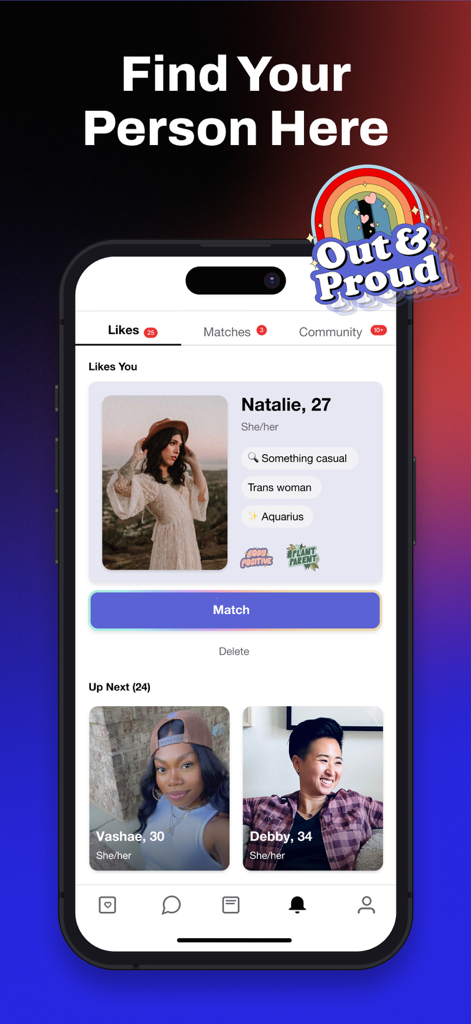 HER:Lesbian&Queer LGBTQ Dating - Schermata dei like dell'app di incontri HER che mostra profili di donne queer e persone non binarie