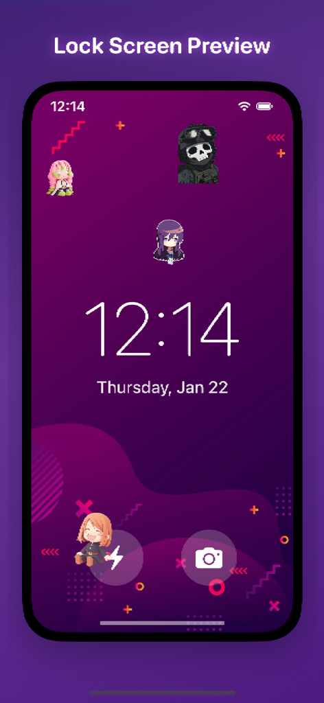 Shimeji Screen Pets - Aperçu de l'écran de verrouillage de l'iPhone montrant divers personnages d'anime Shimeji mignons sur fond violet