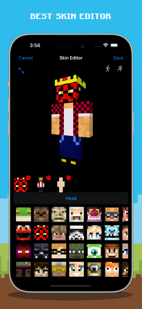 Master Mods For Minecraft PE - Minecraft PE skin editor showing a custom character preview and a grid of head options