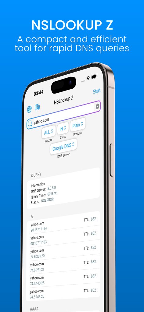 NSLookup Z-Fast DNS Query Tool - NSLookup Z App-Oberfläche zeigt DNS-Einträge und Abfragedetails für yahoo.com auf einem iPhone an