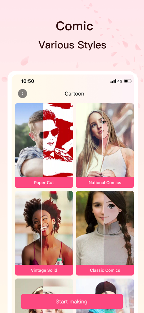 FaceArt -AI Photo & Video Edit - FaceArt app interface showing various comic and cartoon photo filters with side by side comparisons