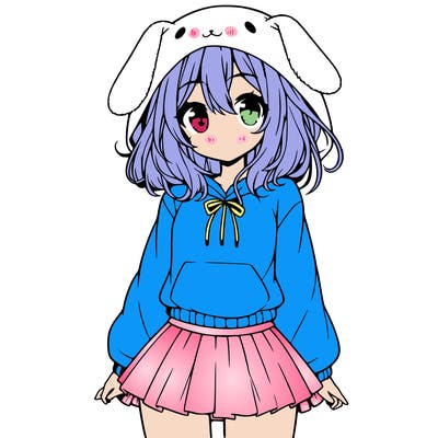 pretty anime girl wearing a fluffy hoodie with bunny ears on the hood and a skirt