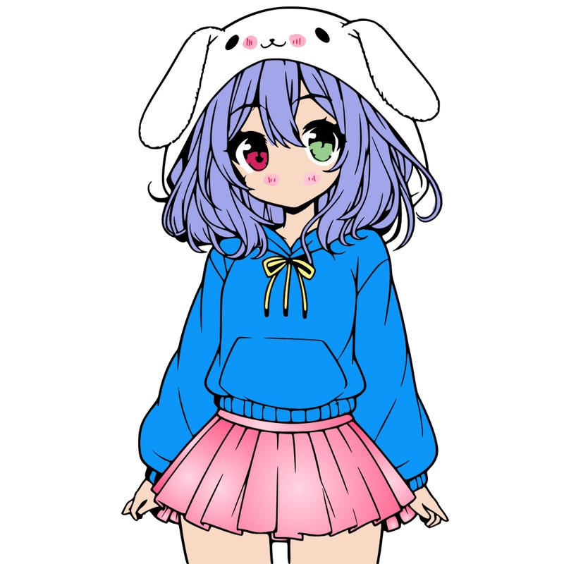 pretty anime girl wearing a fluffy hoodie with bunny ears on the hood and a skirt