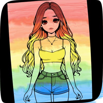 a realistic girl with long hair and in a crop top and shprts