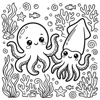 Explore the charming depths of the ocean with this delightful Kawaii octopus and squid coloring page. Featuring friendly cephalopods amidst coral, seaweed, and playful fish, it's perfect for a relaxing and creative escape.