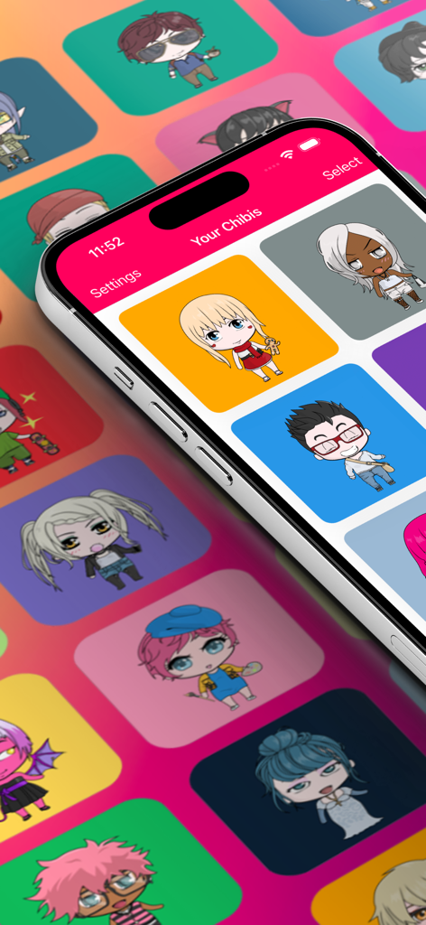 Chibi Studio Avatar Maker - A collection of custom chibi anime characters displayed in the Chibi Studio app gallery on a smartphone