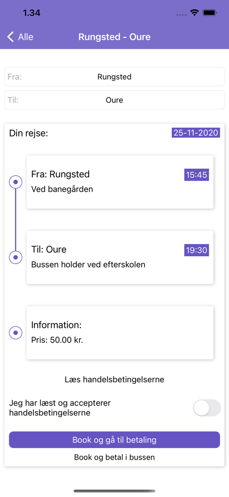 Frank A. Busser - Frank A. Busser app screen displaying a bus route from Rungsted to Oure with price and booking button