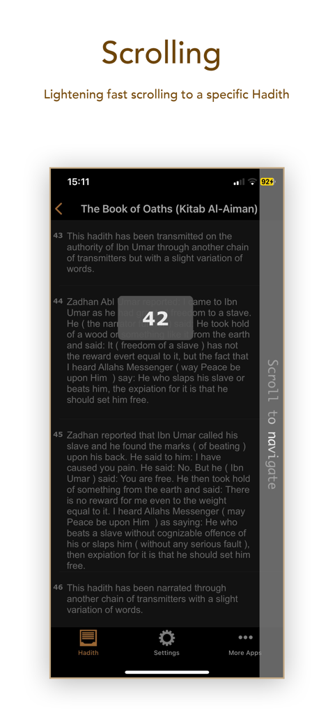 Al Muslim (Sahih Muslim) - Captura de tela do aplicativo Al Muslim mostrando o recurso de rolagem rápida para navegar rapidamente para um número de hadith específico dentro do Livro dos Juramentos.