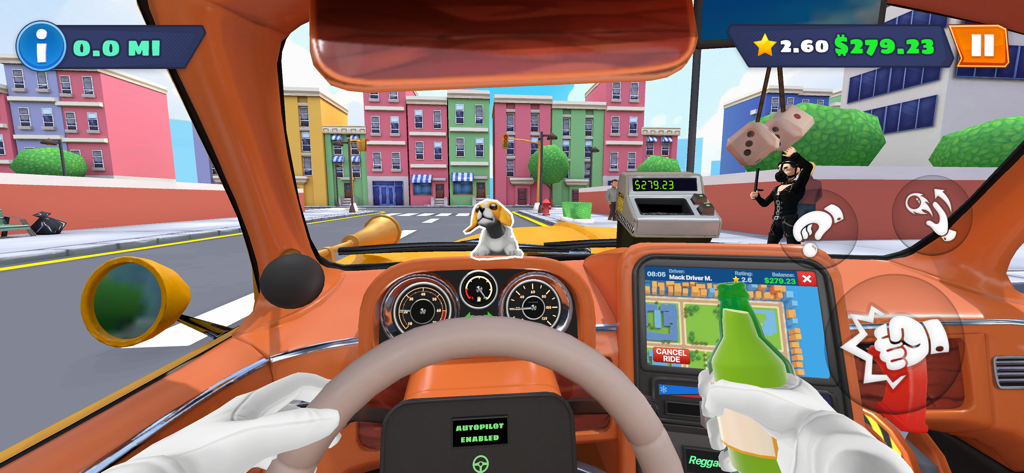 I Am Taxi Driver - Vue à la première personne de l'intérieur du taxi dans I Am Taxi Driver, avec une tête d'ange de chien et le mode pilote automatique.