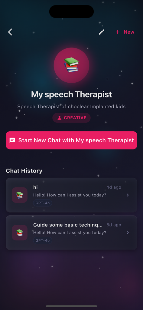 ChatAgent AI Chat Ask Anything - Uma captura de tela do aplicativo ChatAgent mostrando o perfil de uma persona personalizada de Fonoaudiólogo e seu histórico de chat.