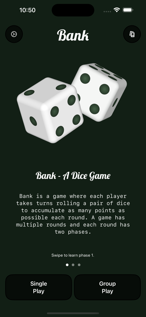 Home screen of the Bank dice game app showing two 3D dice and buttons for single and group play modes.