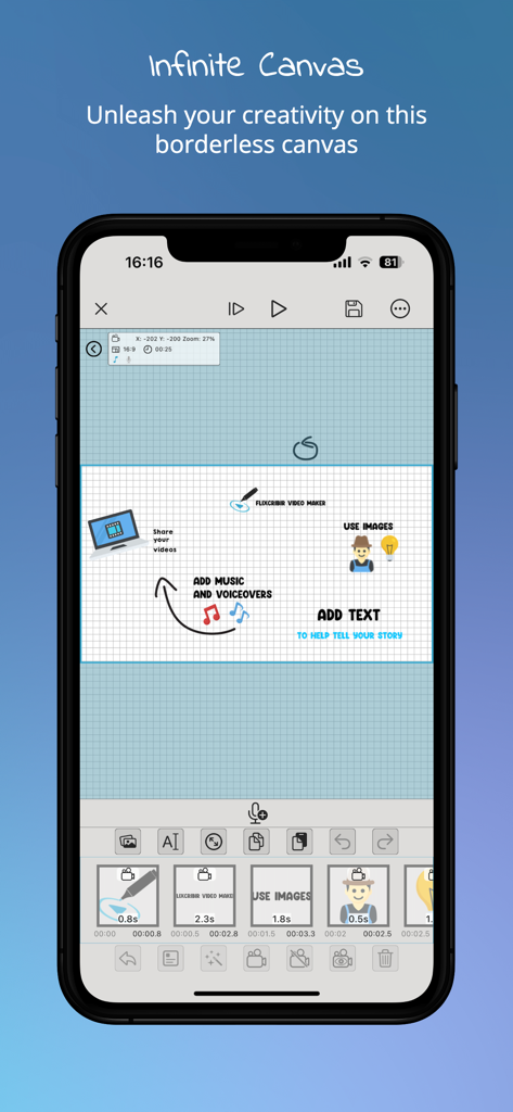 Interface of the Flixcribir app featuring an infinite canvas with icons and text for whiteboard video editing