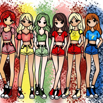 a group of girls wearing crop tops and shorts