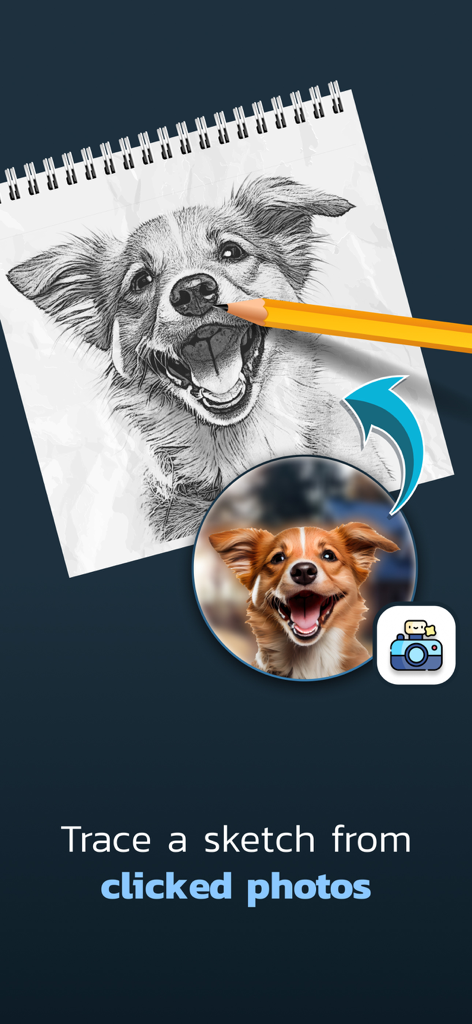 AR tracing app showing a dog photo being converted into a pencil sketch on paper