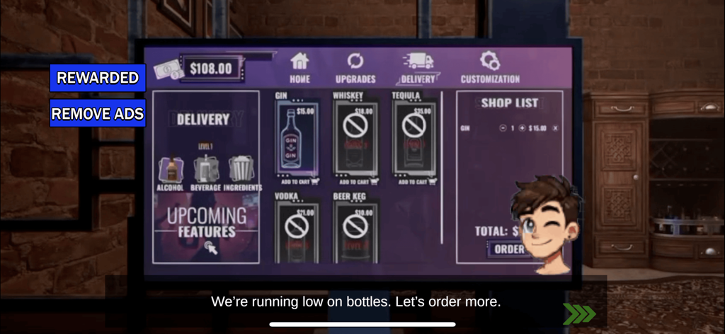 Night Club Simulator 3d Game - ナイトクラブシミュレーター3Dの、アルコールやドリンク用品を注文するためのゲーム内デリバリーインターフェース。