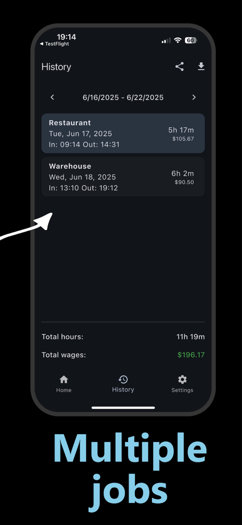 Pantalla de historial de la aplicación Punchcard que muestra registros de turnos y ganancias para múltiples trabajos.