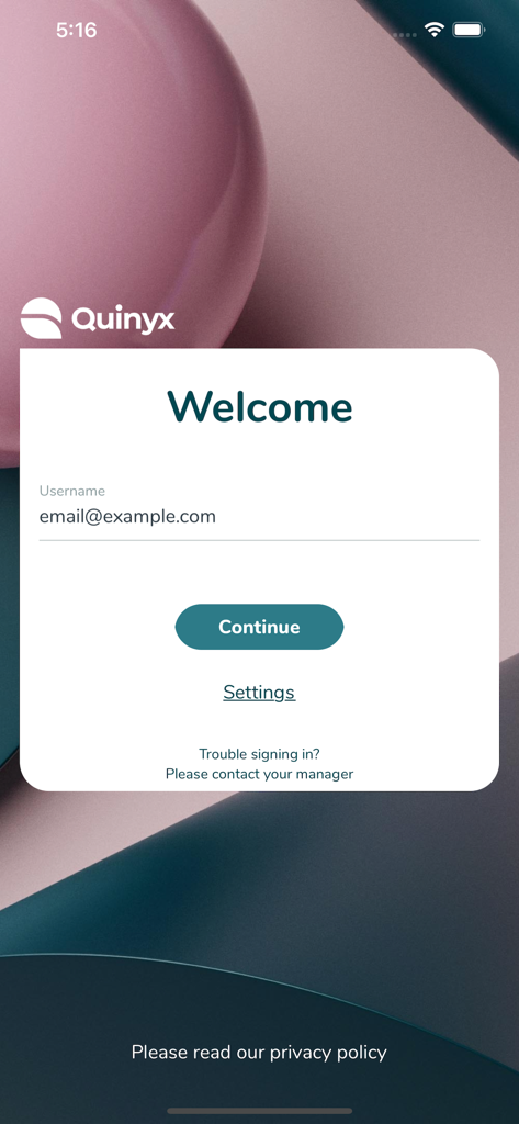 Quinyx Mobile - Quinyx Mobile app login page with email input and continue button