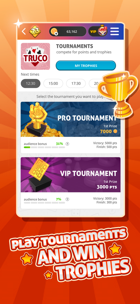 TRUCO GameVelvet - Card Game - Menu de torneios do TRUCO GameVelvet mostrando níveis Pro e VIP com prêmios em troféus.