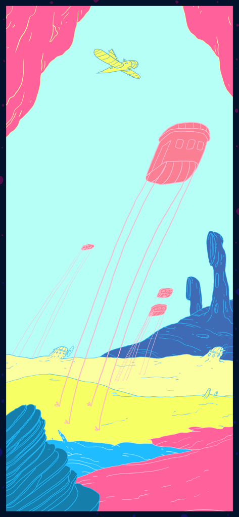 A trippy hand drawn illustration of a surreal landscape with floating pink vessels and a yellow airplane from the game Spitkiss