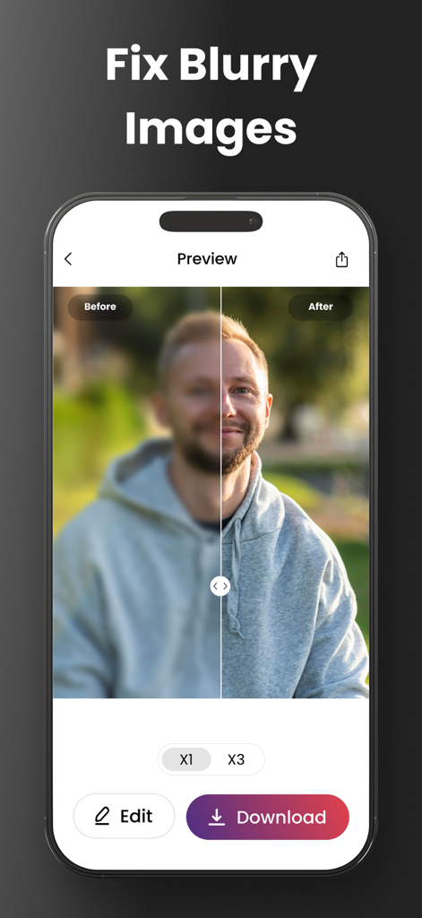 A before and after comparison of a blurred portrait being sharpened using the AI Photo Enhancer app.