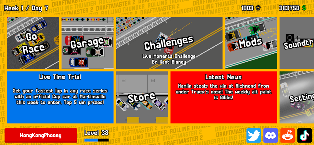 Draftmaster 2 - Main menu screen of Draftmaster 2 showing options for race, garage, challenges, mods, and latest news with pixel art stock cars.
