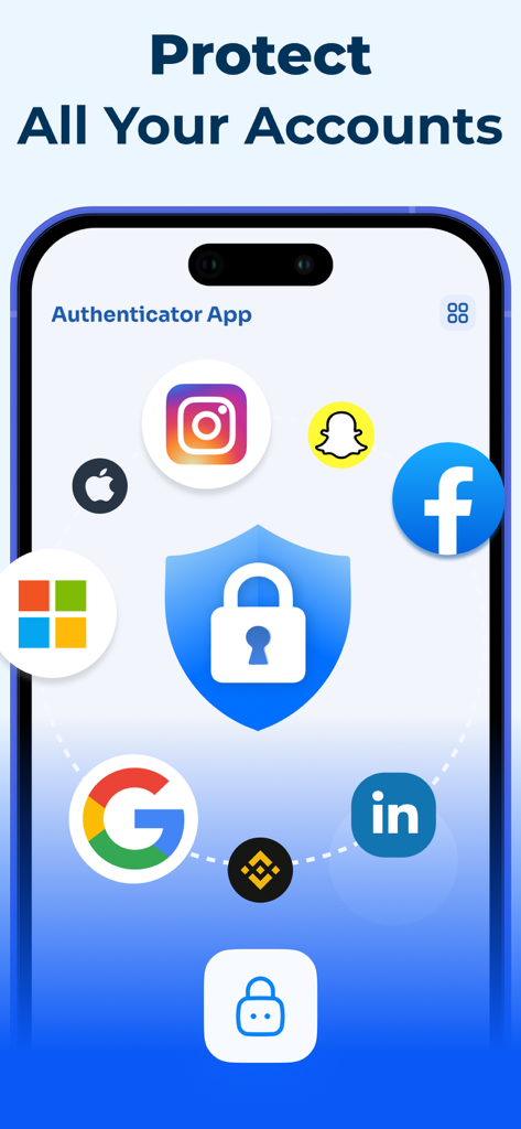 Interface do App Autenticador mostrando proteção de conta para várias plataformas como Google e Binance.
