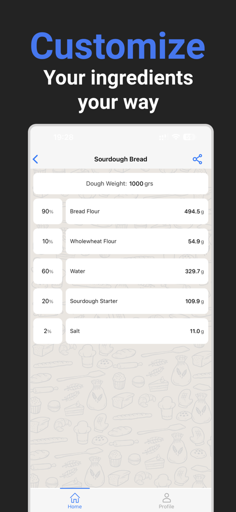 Capture d'écran de l'application Gluten Morgen affichant une recette de pain au levain avec les poids détaillés des ingrédients et les pourcentages du boulanger