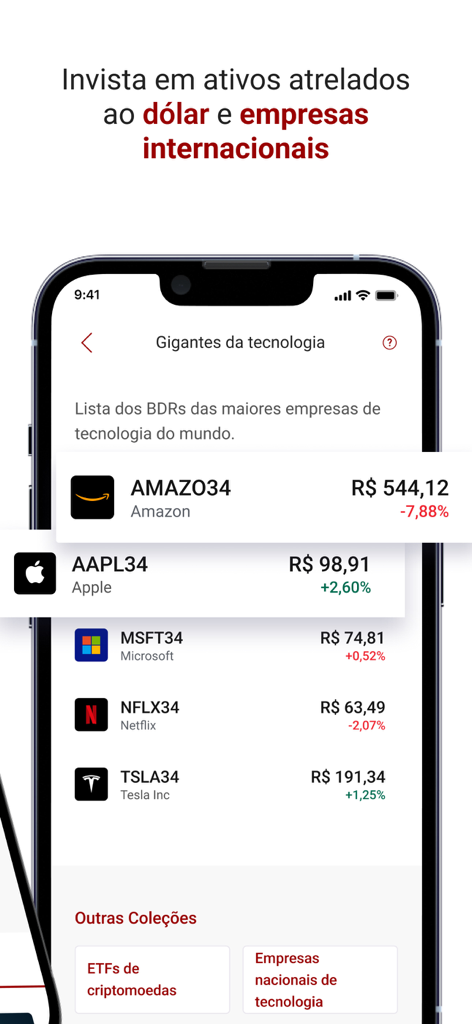 Santander Corretora: taxa 0 - Santander Corretora app interface showing international technology stocks like Amazon and Apple for investment