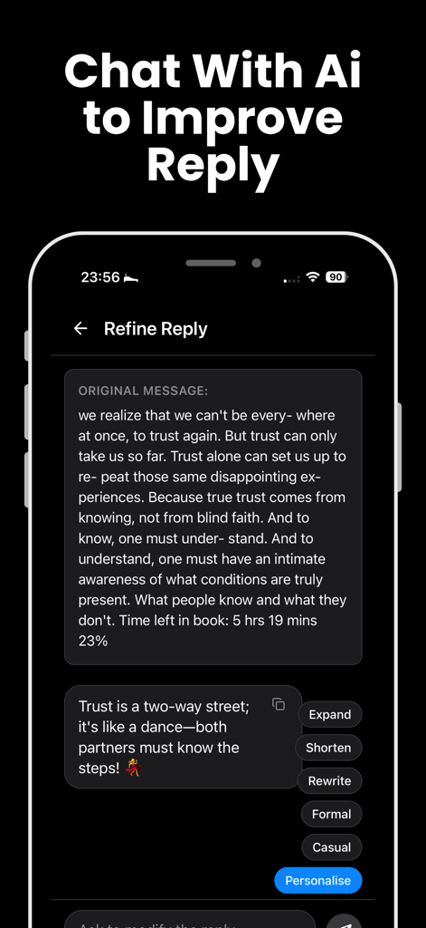 Ai Rizz Plug Reply - Interface of the Ai Rizz Plug Reply app showing an original message being refined into a creative response with AI adjustment options like shorten expand and tone selection.