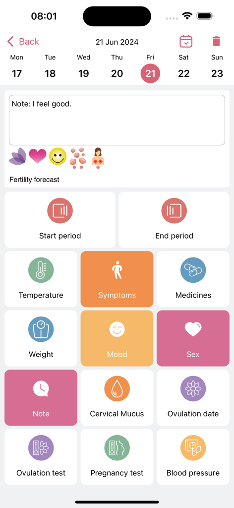 The daily health log screen of the WomanLog Pro app showing a grid of icons for tracking symptoms mood and cycles