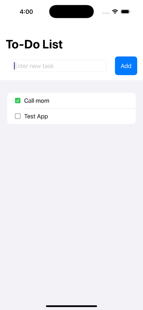 Minimalist to-do list app screen showing task entry field and a checklist with completed and pending items