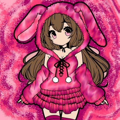 pretty anime girl wearing a fluffy hoodie with bunny ears on the hood and a skirt