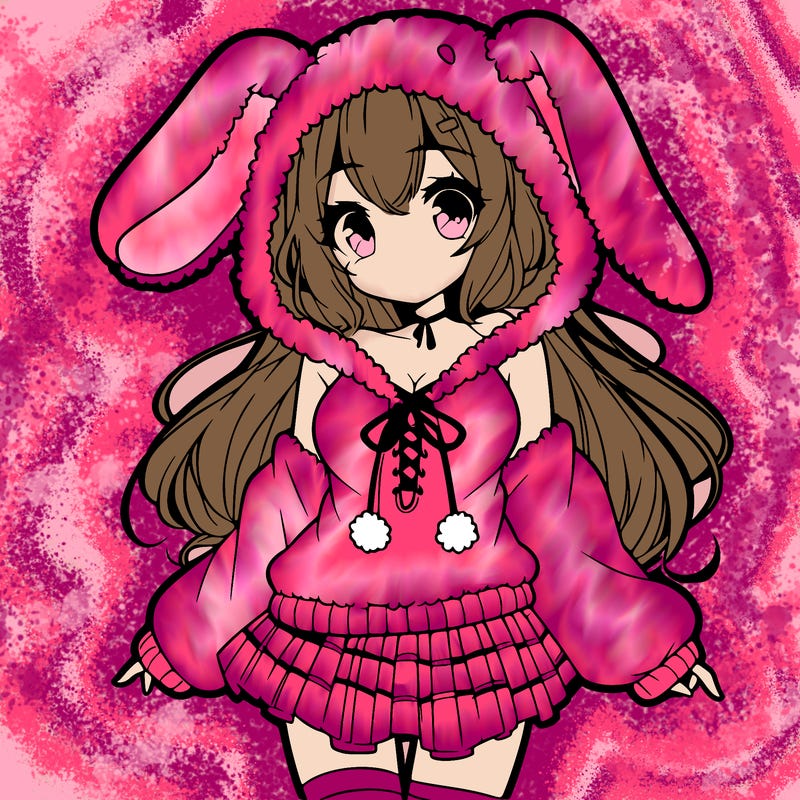 pretty anime girl wearing a fluffy hoodie with bunny ears on the hood and a skirt
