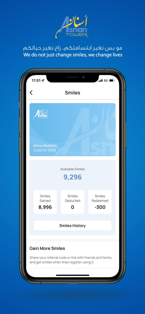 Asnan Tower - Asnan Tower dental app loyalty rewards dashboard showing earned and available Smiles points