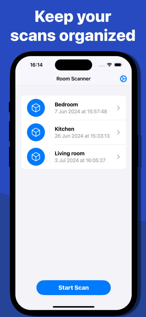Room Scanner: Floor Plan Maker - 寝室、キッチン、リビングルームの保存された部屋スキャンリストが表示されたRoom Scannerアプリインターフェース