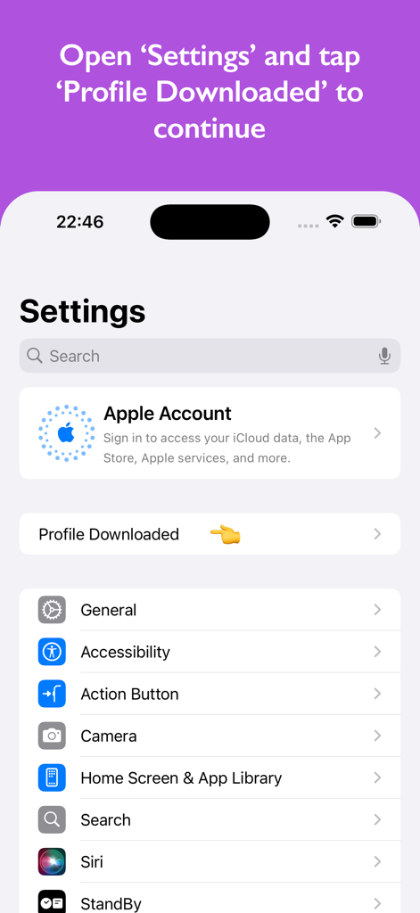FondFont: Install System Fonts - iOS settings screen showing where to tap Profile Downloaded to install custom fonts