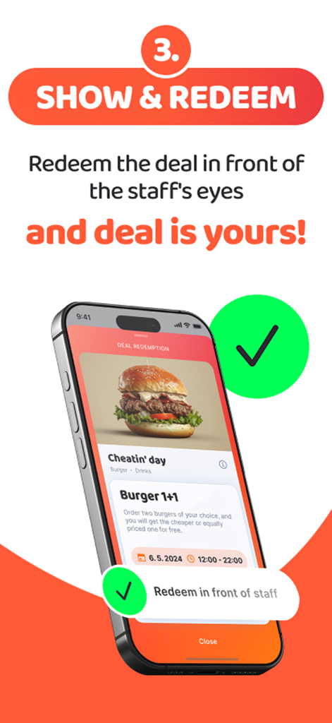 Mobile screen showing the third step of TasteTown app process for redeeming a buy one get one burger deal in front of restaurant staff