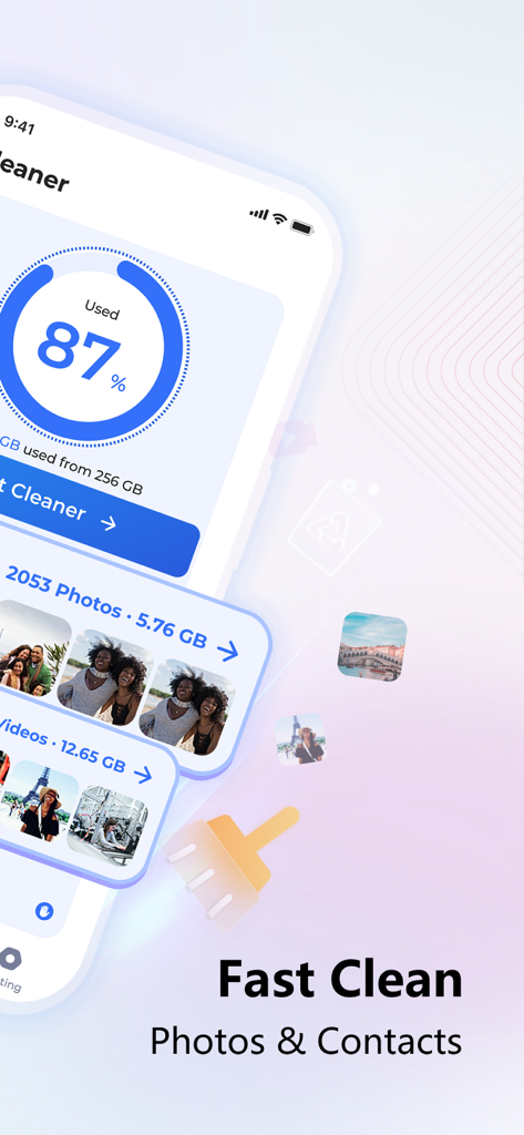 AI Cleaner Pro: Clean Storage - Interfaz de la aplicación AI Cleaner Pro mostrando el uso del almacenamiento del teléfono y opciones de limpieza rápida para fotos y contactos