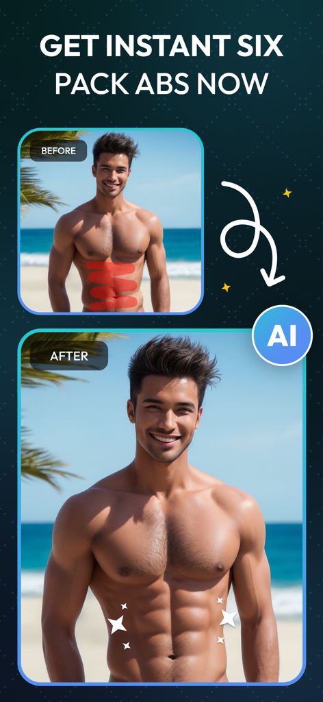 AI Six Packs Abs Photo Editor - Confronto prima e dopo di un uomo che utilizza un editor AI per aggiungere realistici addominali scolpiti a una foto al mare