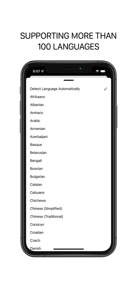 Language selection screen of the Minimalistic Weather App on an iPhone
