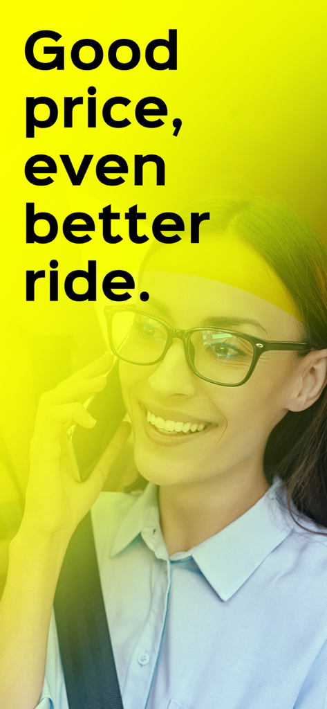 Smiling woman with glasses using a phone inside a car with the text Good price even better ride