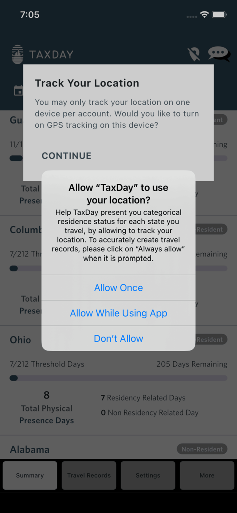 TaxDay app location tracking permission prompt on a smartphone
