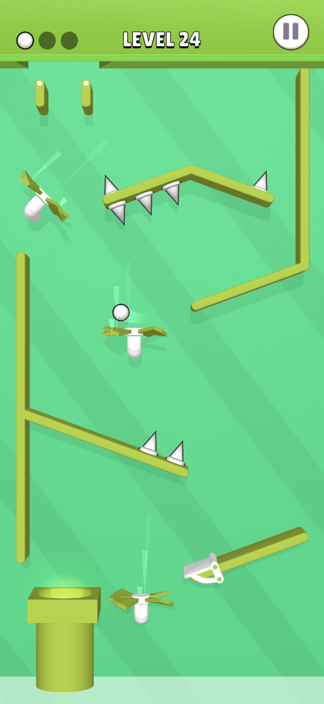 Balls Factory! - A white ball navigating through a green maze with spikes and obstacles in the Balls Factory mobile game