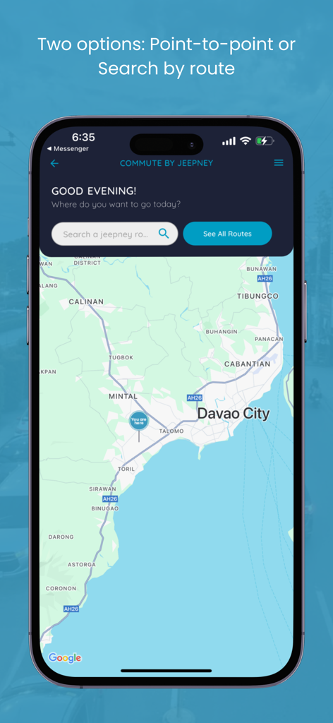 Davao Commuters - Davao Commuters app map screen showing jeepney route search and location pins in Davao City