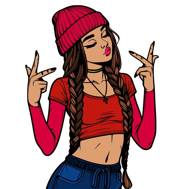 realistic teenage girl with braids and a beanie and crop top doing 🫶🏼