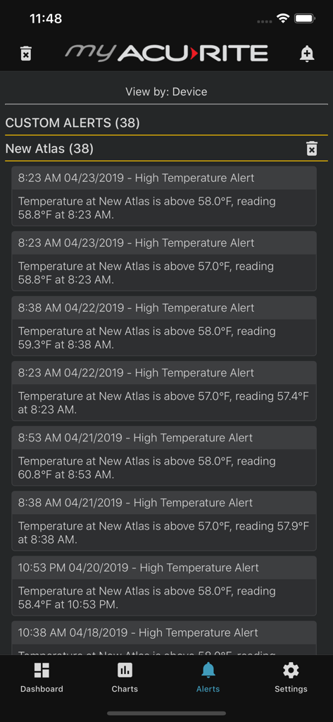 My AcuRite - A smartphone screen displaying a list of custom high temperature alerts in the My AcuRite weather monitoring app.