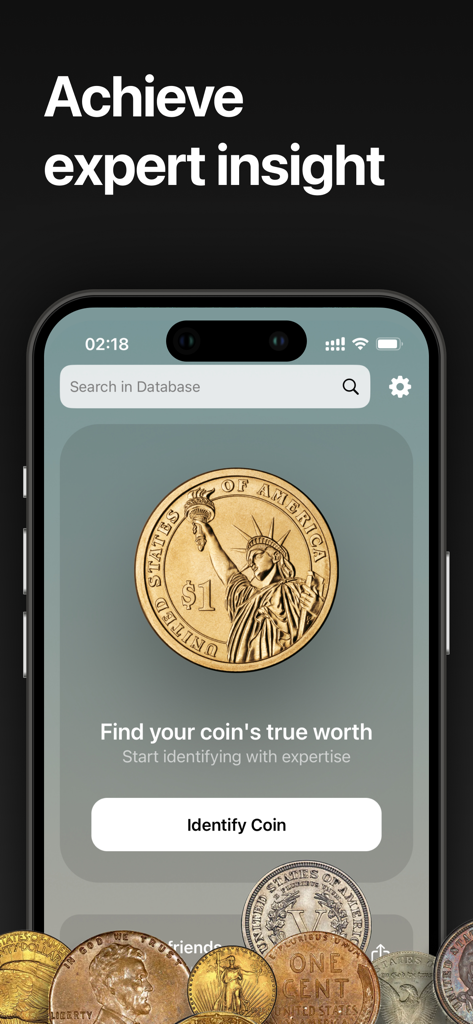 Smartphone interface of the CoinCheck app showing a gold dollar coin and a button to identify coins for valuation.