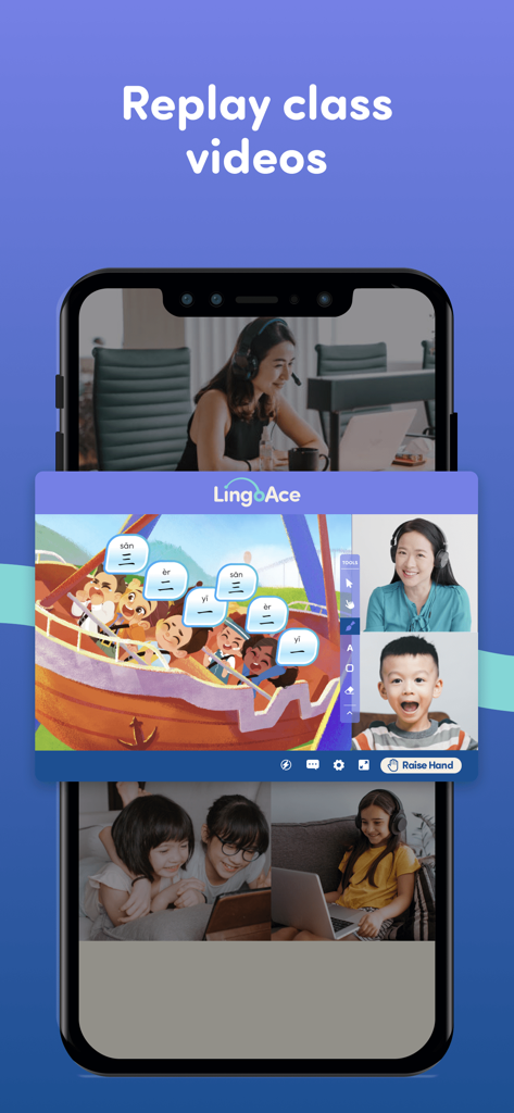 LingoAce Connect - LingoAce Connect mobile app screen showing a recorded online Mandarin class video for parent review
