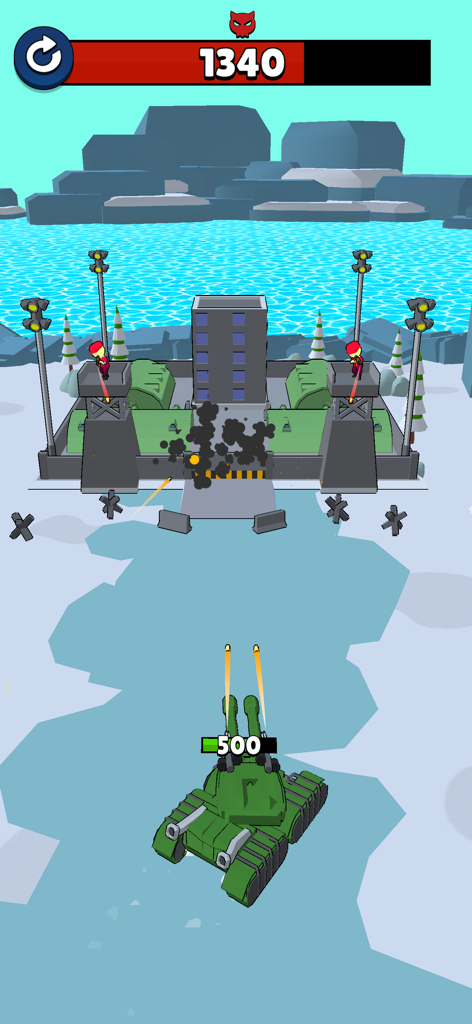 A green tank attacking a fortified enemy base in a snowy landscape within the Army Merge Tank Master game.
